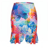 Colorful floral skirt with ruffled hem on a white background