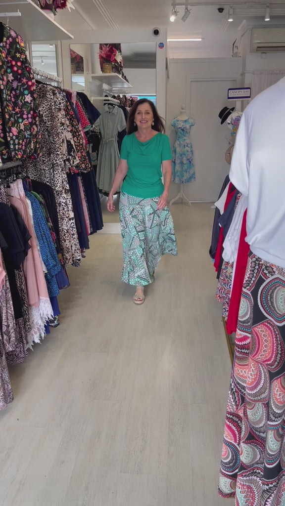 Emerald Green bamboo, cowl neckline, short sleeve top, with long maxi skirt.