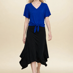 Model wearing blue top and black midi eclipse skirt