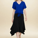 Model wearing blue top and black midi eclipse skirt