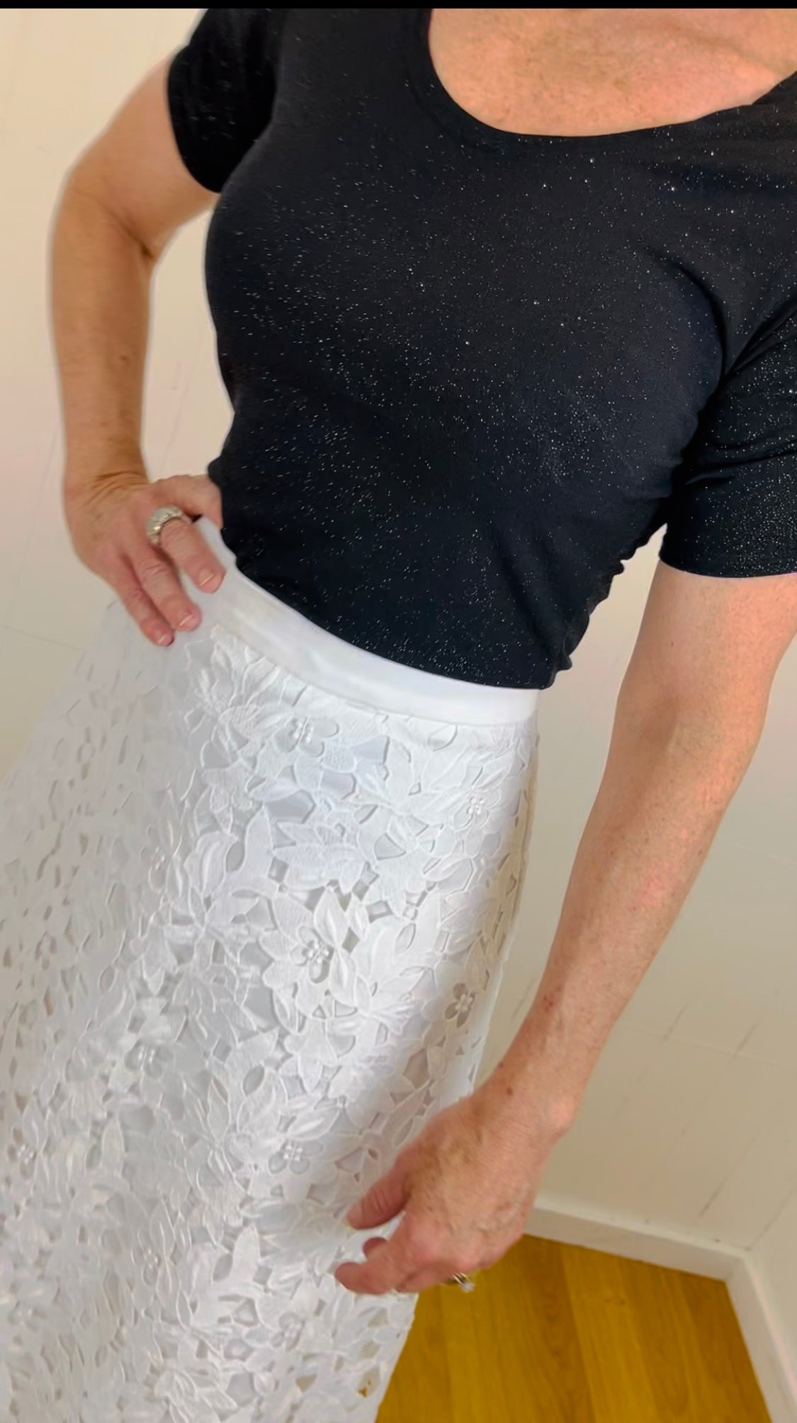 White Lace Skirt and Shimmer Ruched Sleeve Top Ensemble