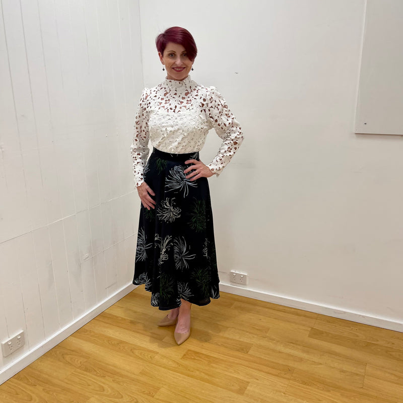 French Navy Floral Flared Skirt